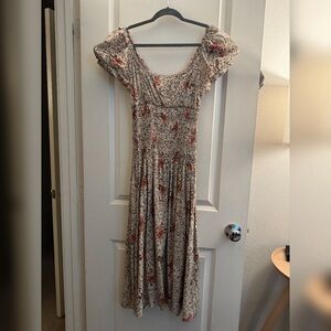 Reformation Riva Cream and Red Floral Midi Dress